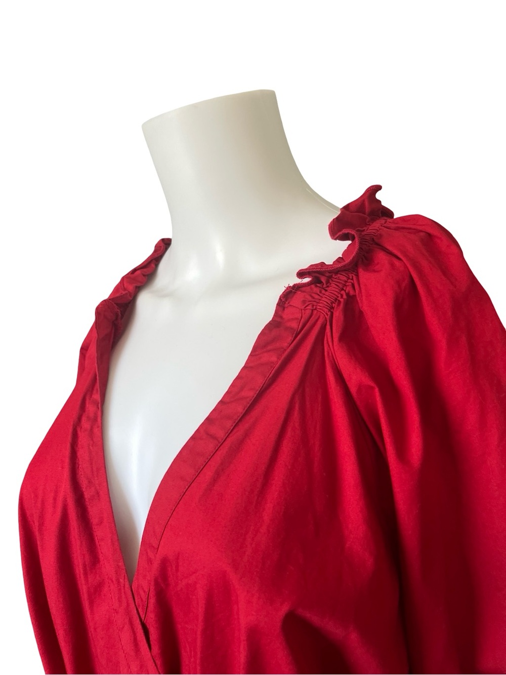 Eshakti Red Wrap Blouse Cotton Ruffle Short Sleeve Polished Old Money Feminine - Picture 5 of 9